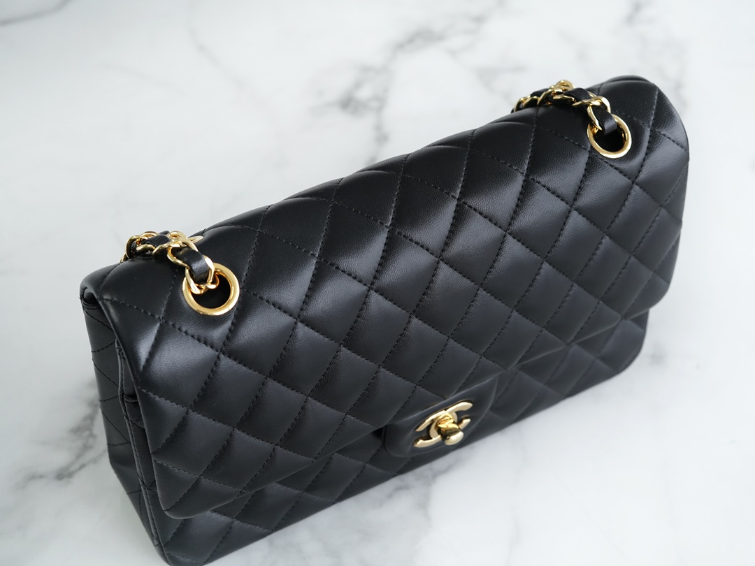 Classic Flap Bag, Large Quilted, Black and Gold, Lambskin  