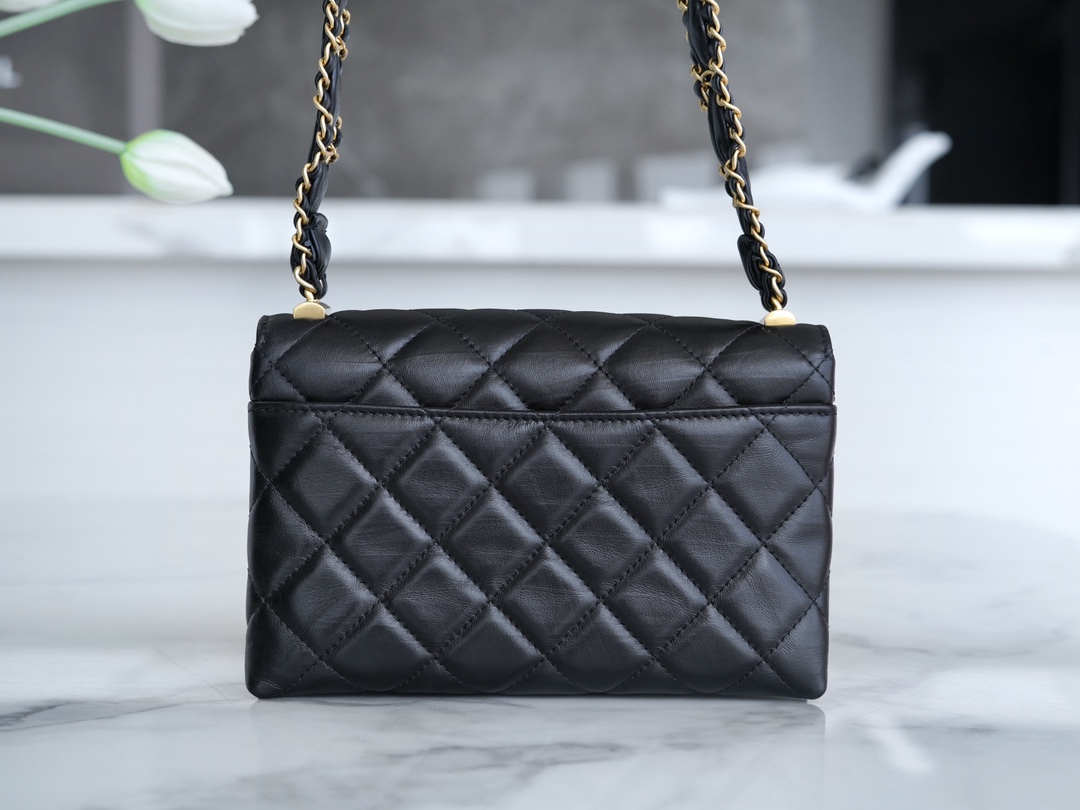 Chanel 23K Fall/Winter Collection 19 Tofu Bag, Black, Wide Shoulder Strap Crinkled Calfskin  