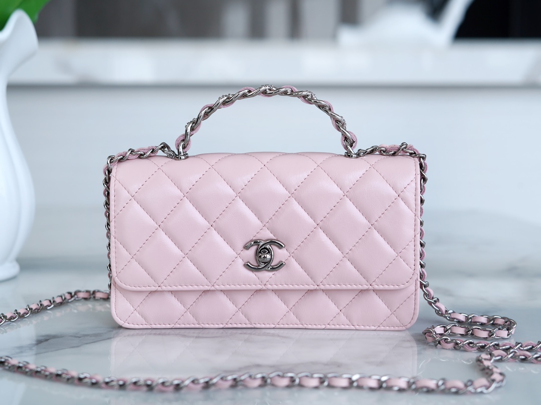 Chanel 23K New Rhinestone Handle Accordion, Pink, Calfskin  