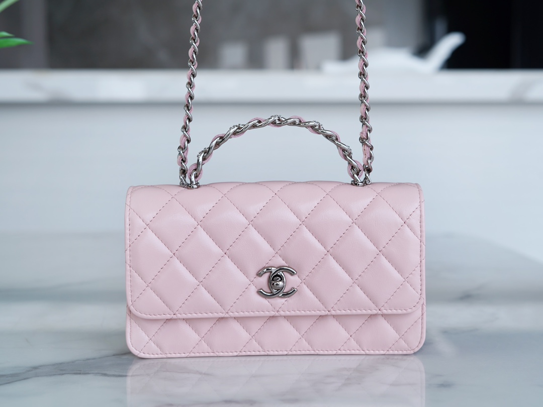 Chanel 23K New Rhinestone Handle Accordion, Pink, Calfskin  