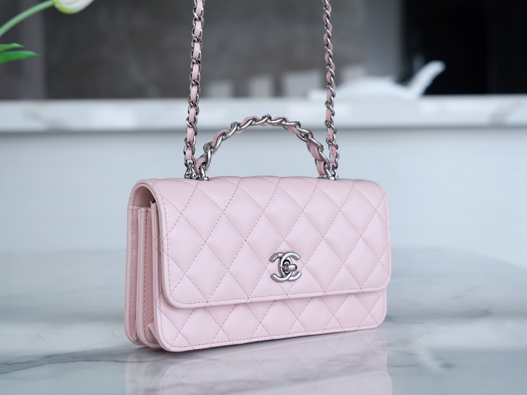 Chanel 23K New Rhinestone Handle Accordion, Pink, Calfskin  