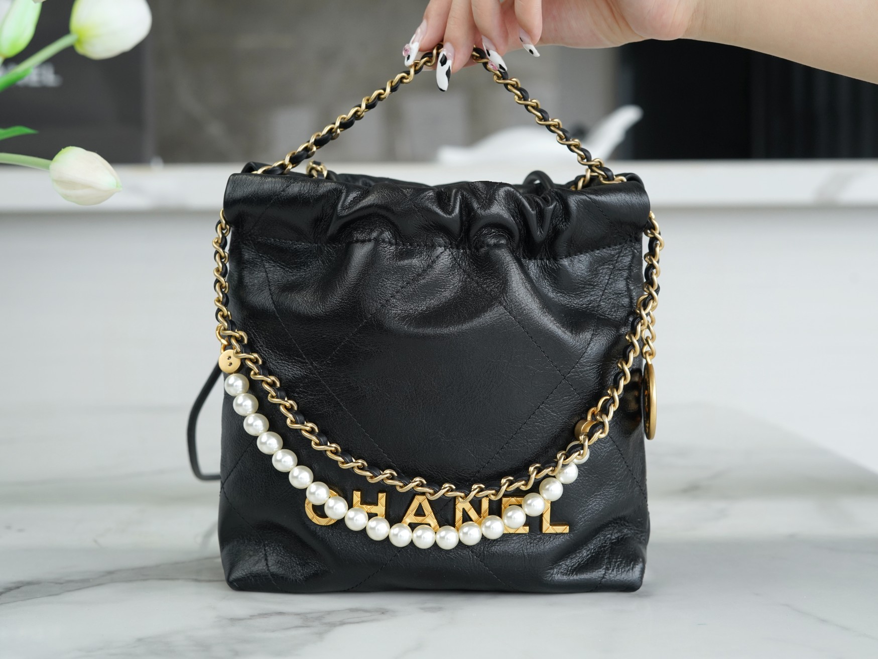 Chanel 23S 22Mini Pearl Chain Bag, Black, Wrinkled Calfskin