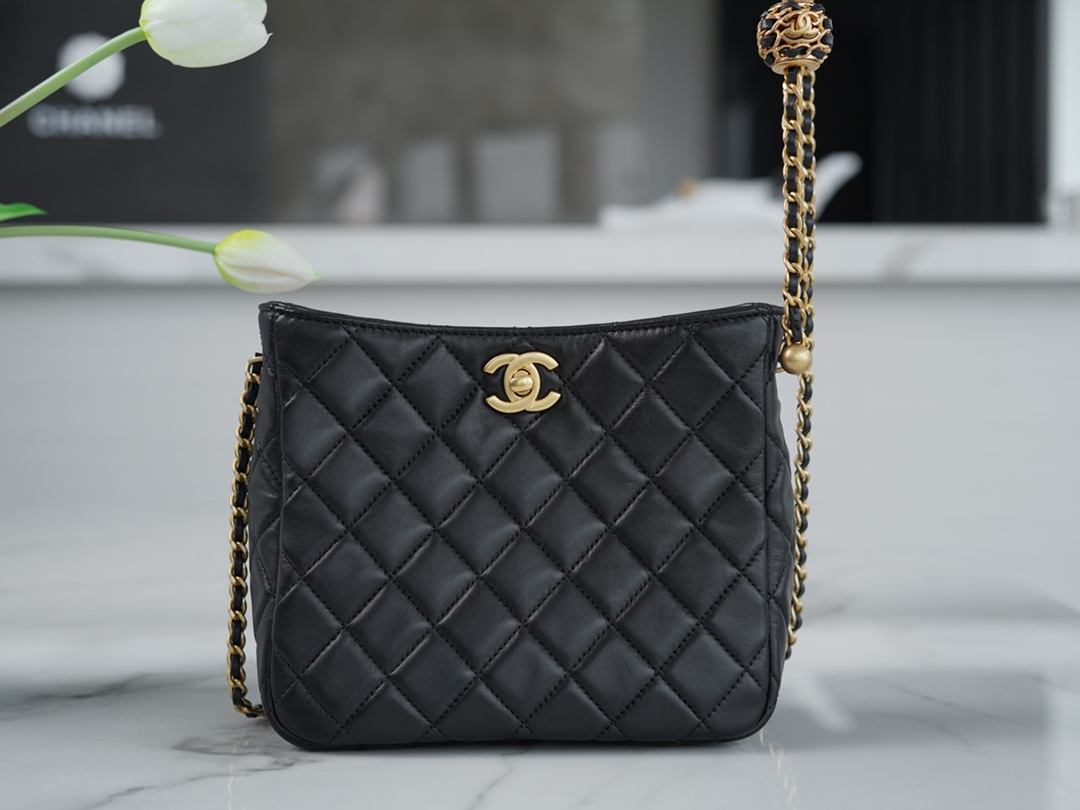 Chanel 22S Woven Gold Ball HoBo Bag, Black, Lambskin  