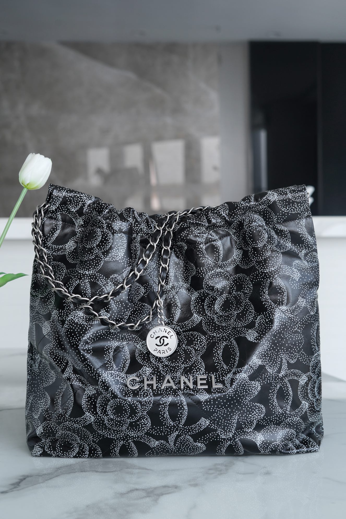 Chanel 23K Fall/Winter Camellia 22 Bag, Medium, Camellia with Fine Rhinestone Print Limited Edition  