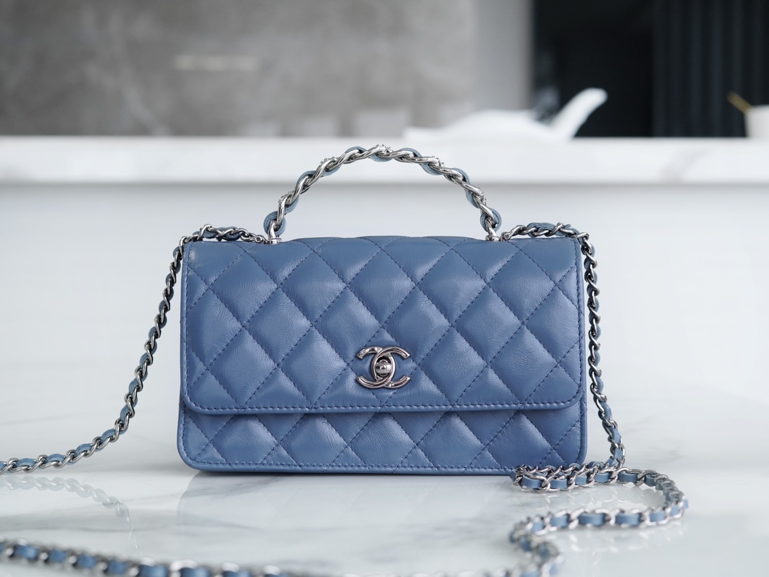 Chanel 23K New Rhinestone Handle Accordion Bag, Misty Blue, Calfskin  