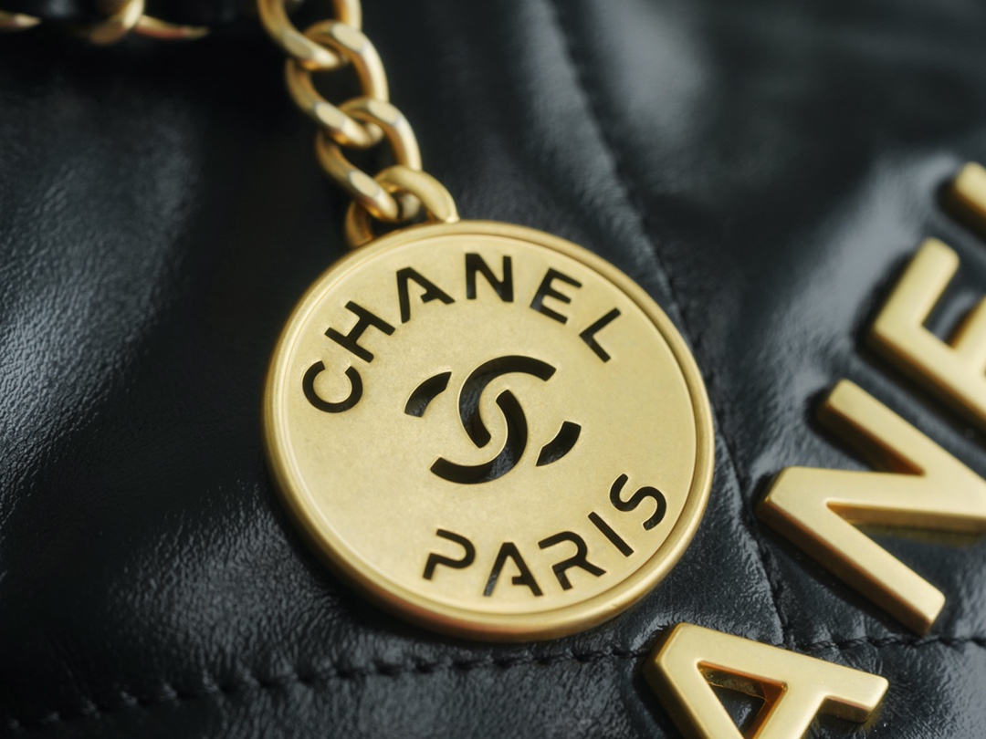 Chanel 23A 22 Mini Bag, Black and Gold, Calfskin