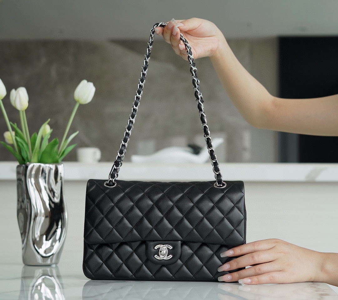 Classic Flap Bag, Black and Silver, Lambskin  