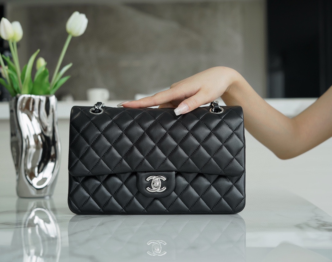 Classic Flap Bag, Black and Silver, Lambskin  