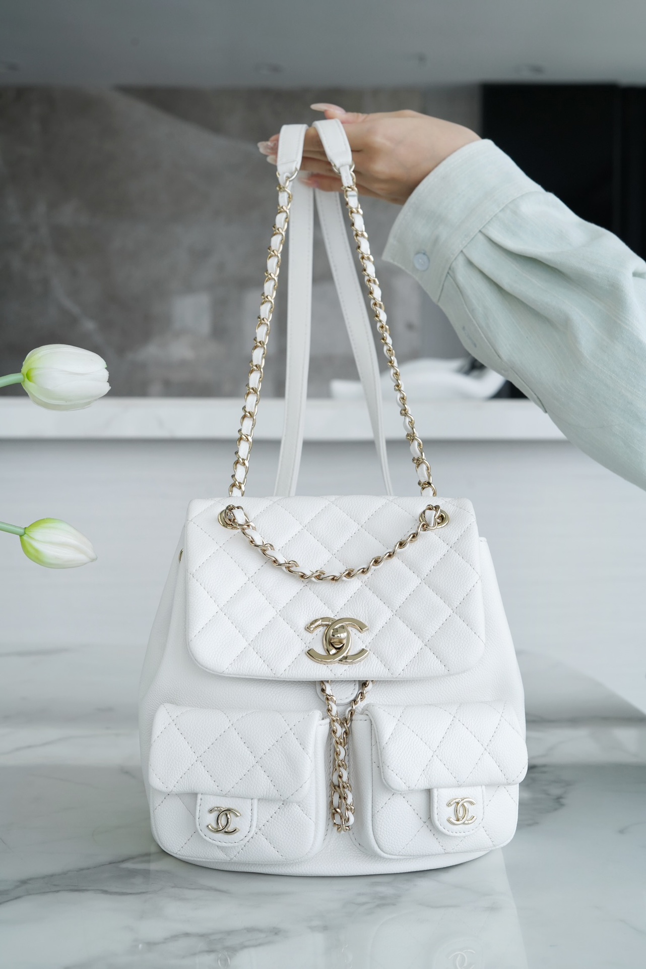 Chanel 23P Duma Backpack, Large, White Calfskin  