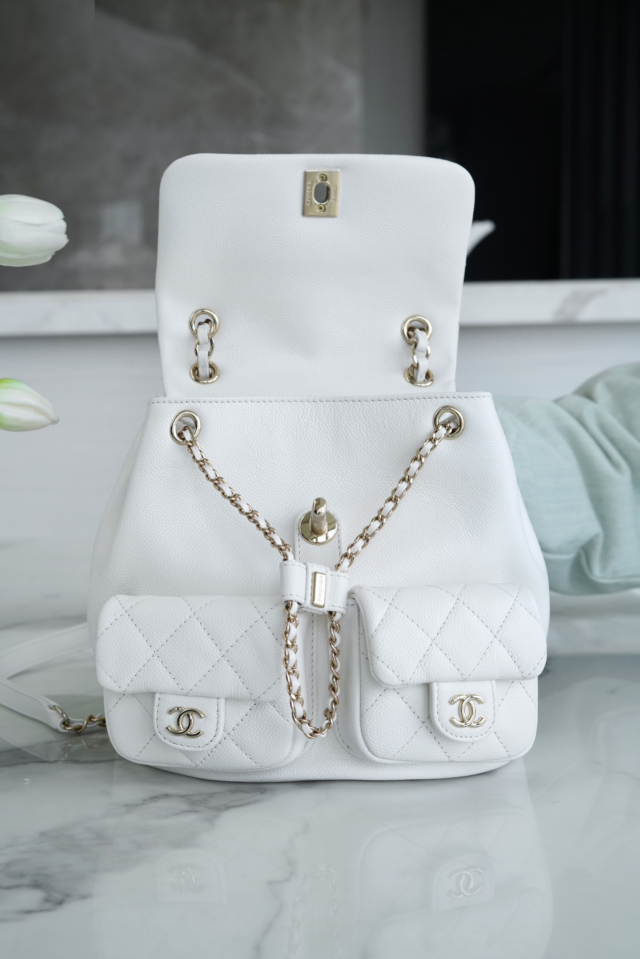 Chanel 23P Duma Backpack, Large, White Calfskin  