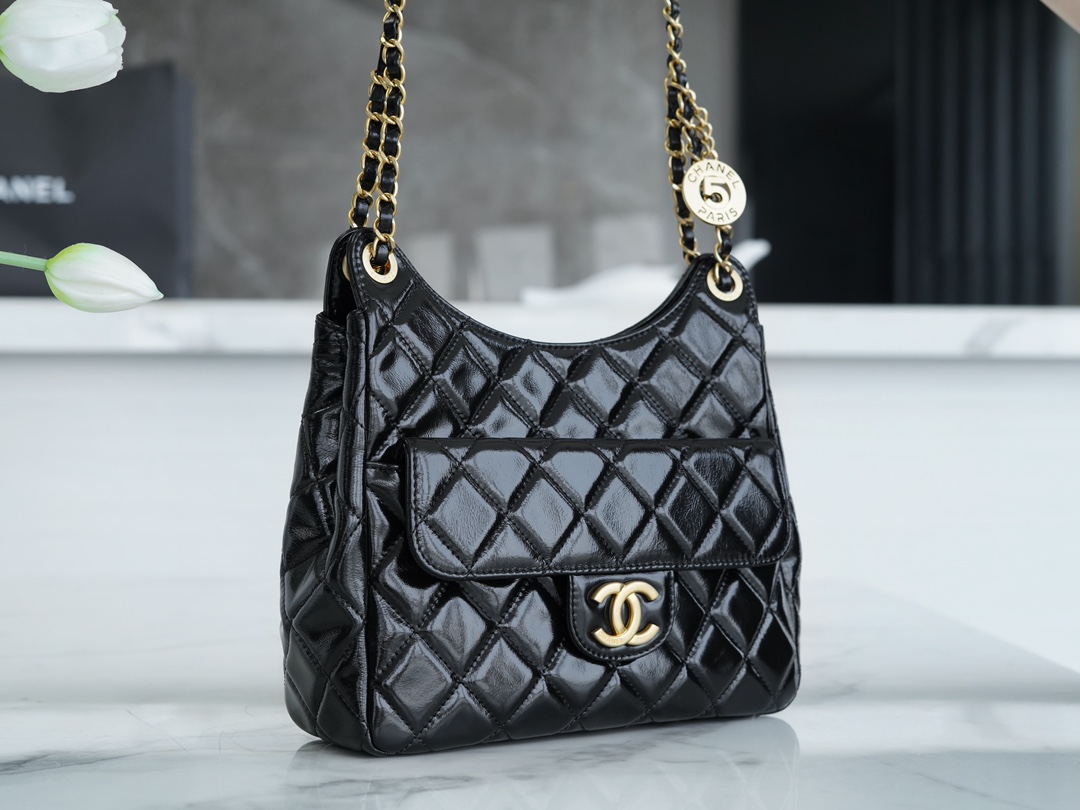 Chanel 23C Early Spring Resort Series Flap Bag, Black, Medium, Glossy Crinkled Calfskin  