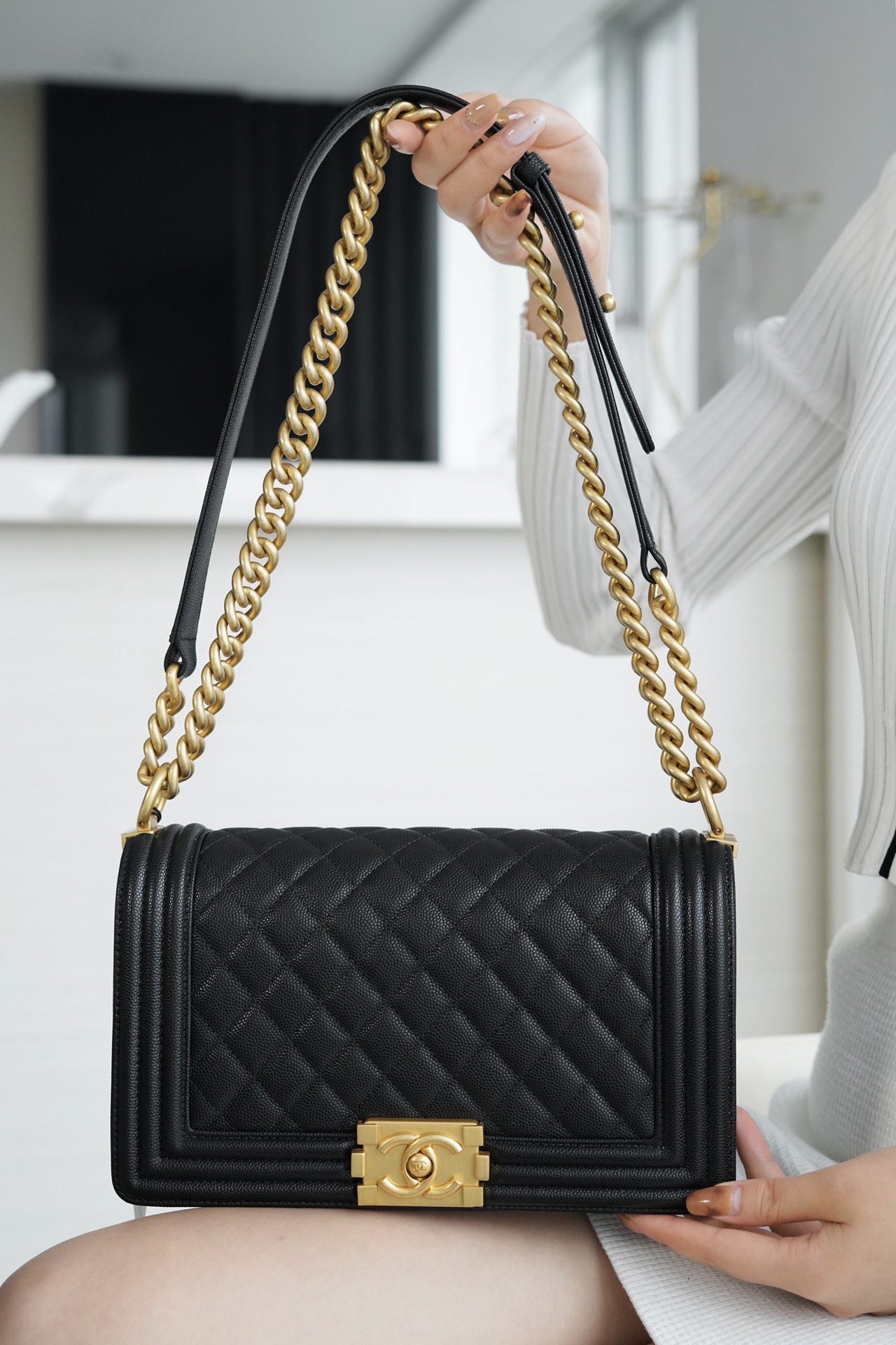 Chanel Leboy Small Ball Pattern, Black and Gold  