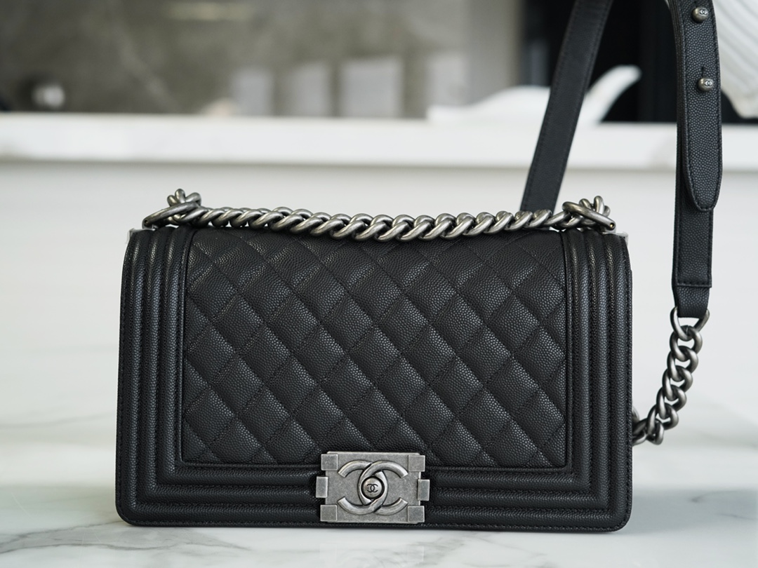 Chanel Leboy Small Ball Pattern, Black and Silver, Medium, Caviar Calfskin