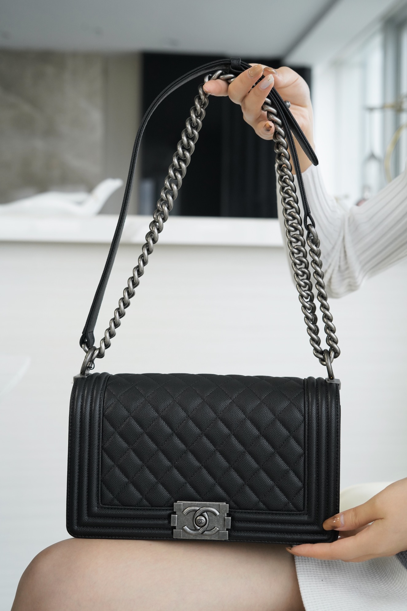 Chanel Leboy Small Ball Pattern, Black and Silver, Medium, Caviar Calfskin