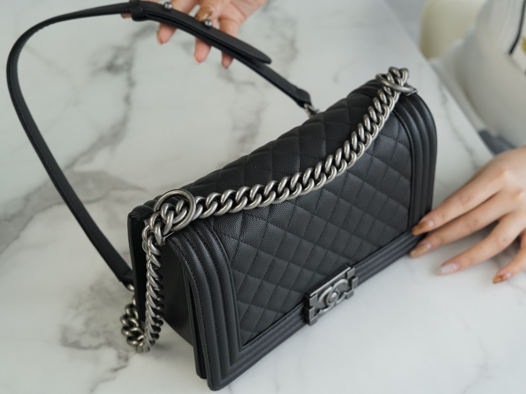 Chanel Leboy Small Ball Pattern, Black and Silver, Medium, Caviar Calfskin