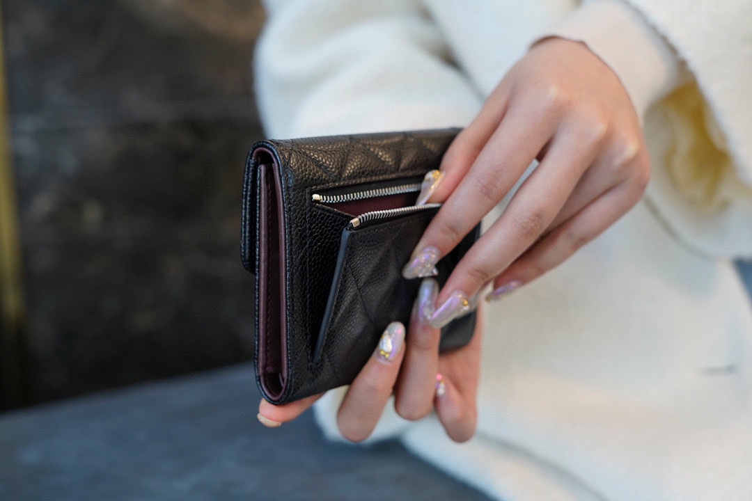 Classic Flap Triple-Fold Short Wallet, Black and Silver, Calfskin  