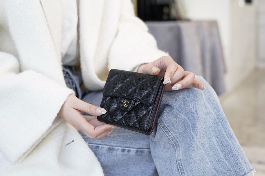 Classic Flap Triple-Fold Short Wallet, Black and Gold, Calfskin  