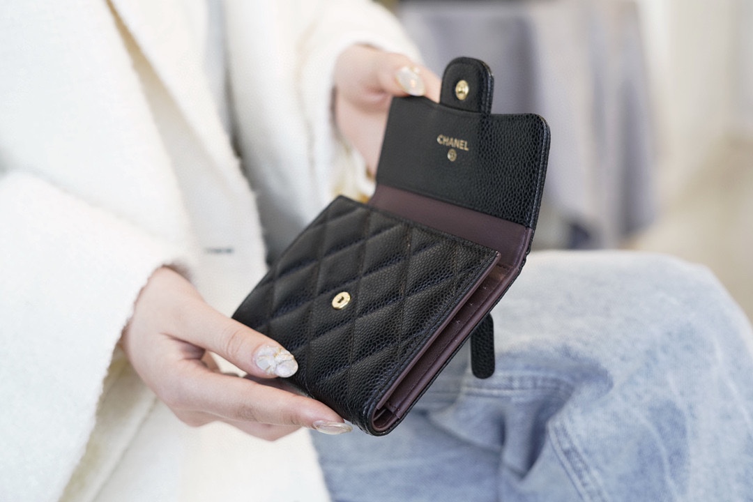 Classic Flap Triple-Fold Short Wallet, Black and Gold, Calfskin  