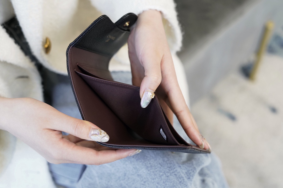 Classic Flap Triple-Fold Short Wallet, Black and Gold, Calfskin  