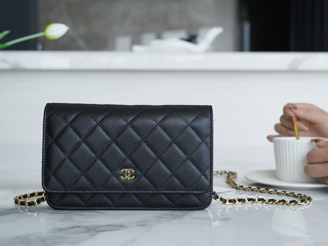 Chanel WOC Money Bag (Magnetic Closure), Black and Gold, Caviar Calfskin  