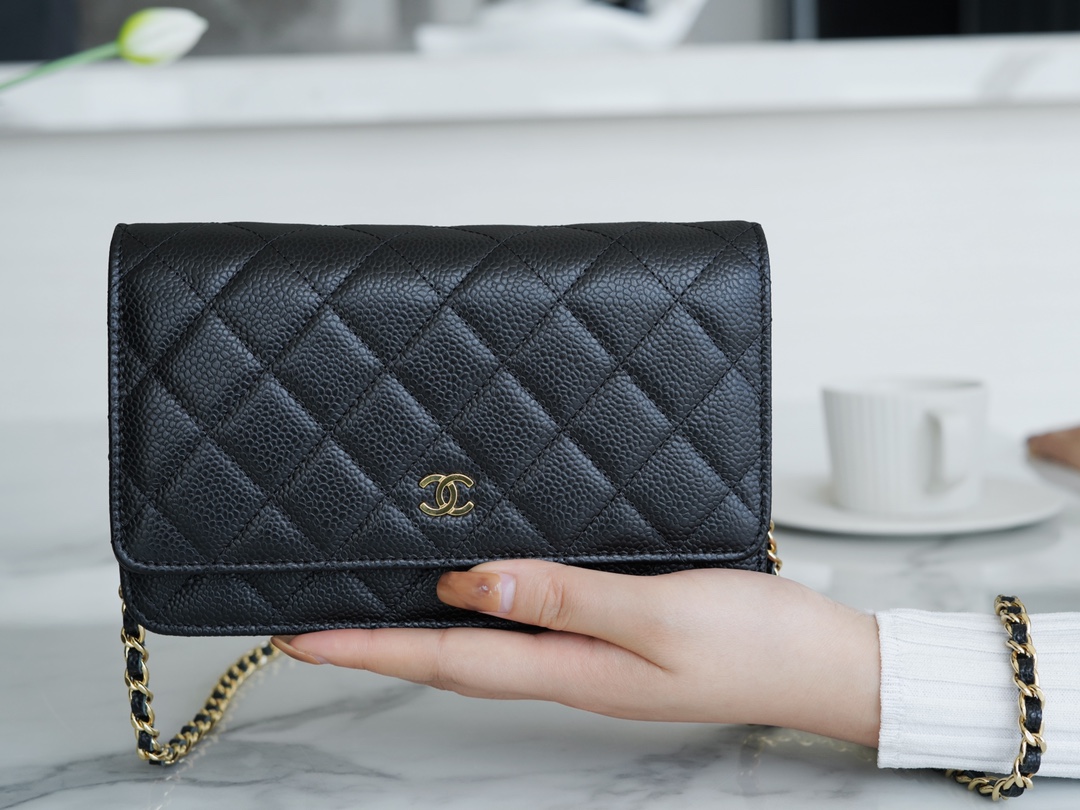 Chanel WOC Money Bag (Magnetic Closure), Black and Gold, Caviar Calfskin  