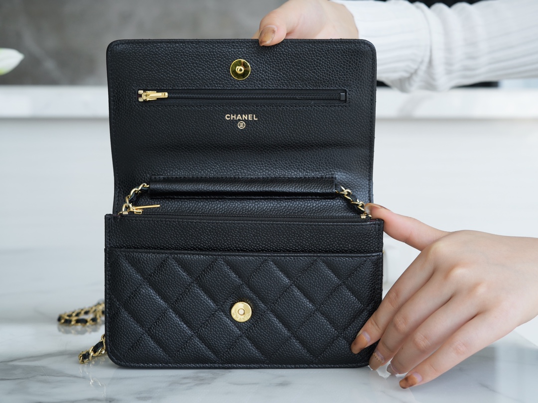 Chanel WOC Money Bag (Magnetic Closure), Black and Gold, Caviar Calfskin  