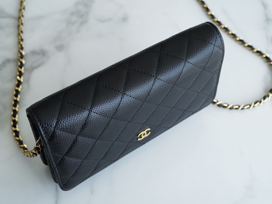 Chanel WOC Money Bag (Magnetic Closure), Black and Gold, Caviar Calfskin  