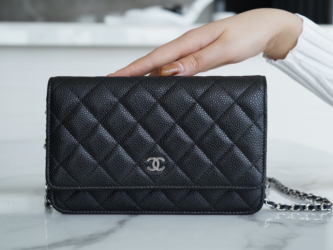 Chanel WOC Money Bag (Magnetic Closure), Black and Silver, Caviar Calfskin  