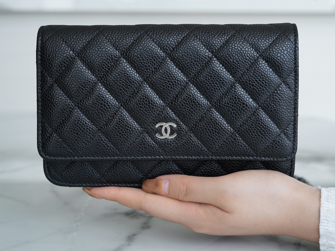 Chanel WOC Money Bag (Magnetic Closure), Black and Silver, Caviar Calfskin  