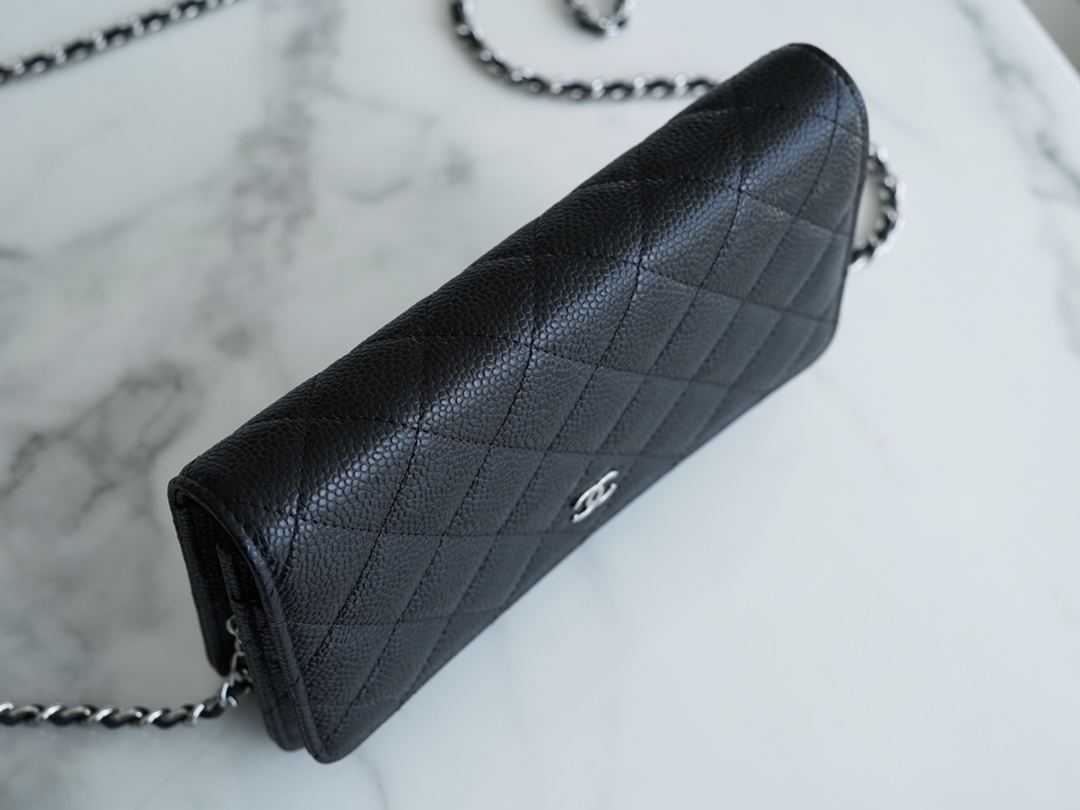 Chanel WOC Money Bag (Magnetic Closure), Black and Silver, Caviar Calfskin  