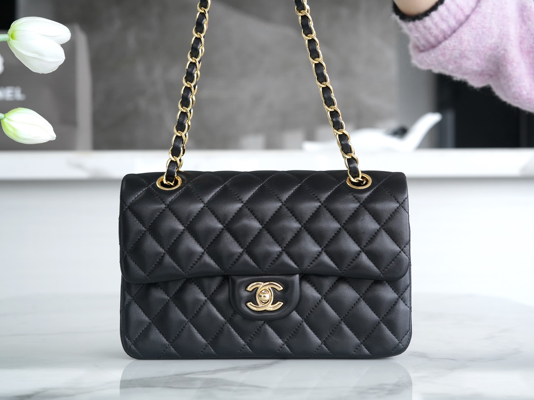 Classic Flap Bag, Black and Gold, Small, Lambskin  