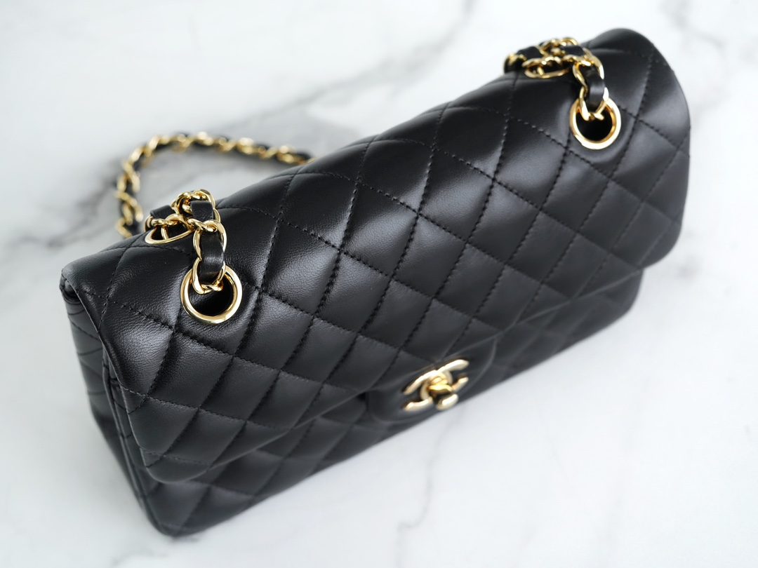 Classic Flap Bag, Black and Gold, Small, Lambskin  