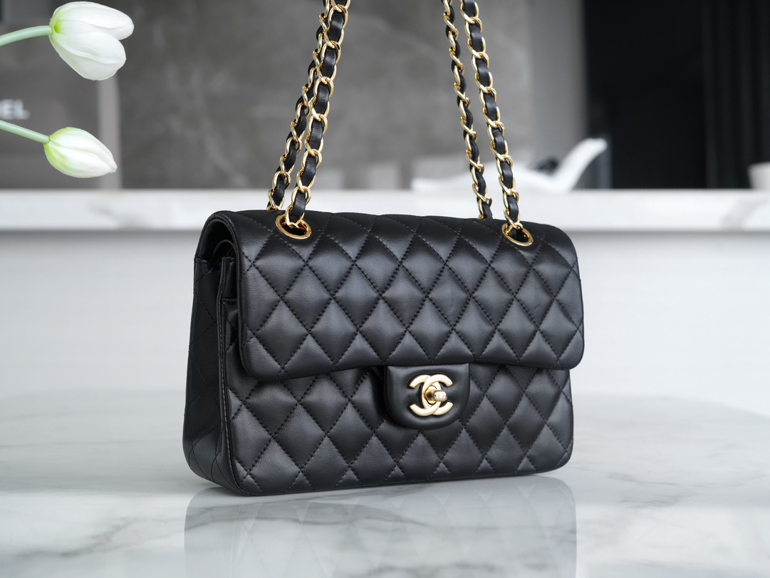 Classic Flap Bag, Black and Gold, Small, Lambskin  