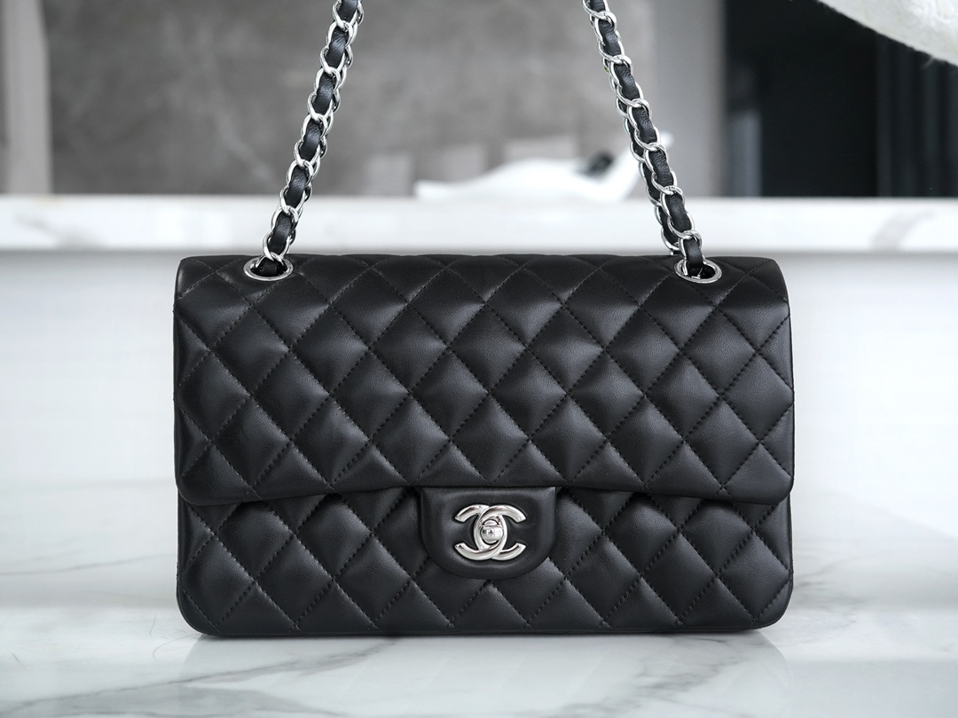 Classic Flap Bag, Black and Silver, Lambskin  