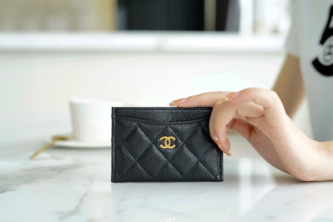 Classic Flap Classic Card Holder, Black and Gold, Caviar Textured Calfskin  