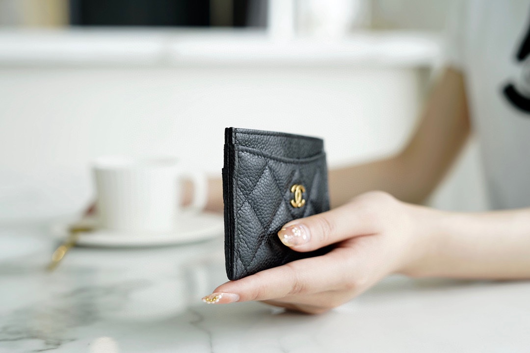 Classic Flap Classic Card Holder, Black and Gold, Caviar Textured Calfskin  