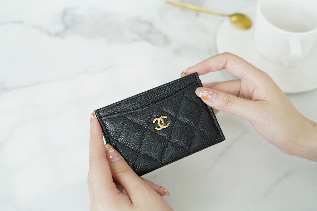 Classic Flap Classic Card Holder, Black and Gold, Caviar Textured Calfskin  