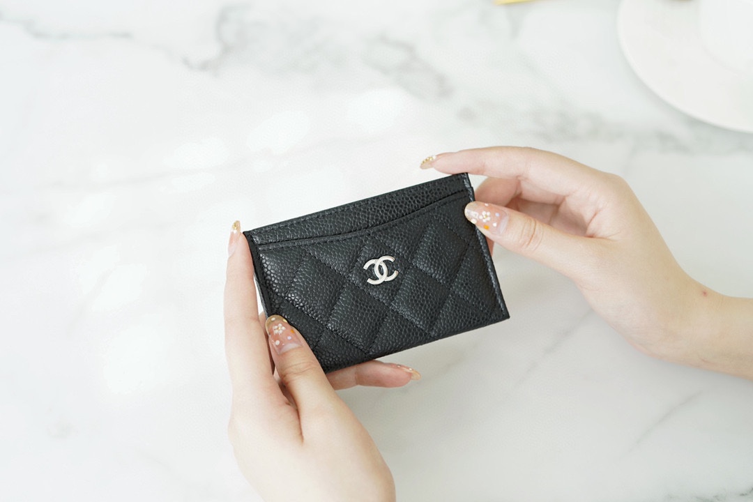 Classic Flap Classic Card Holder, Black and Silver, Caviar Textured Calfskin  