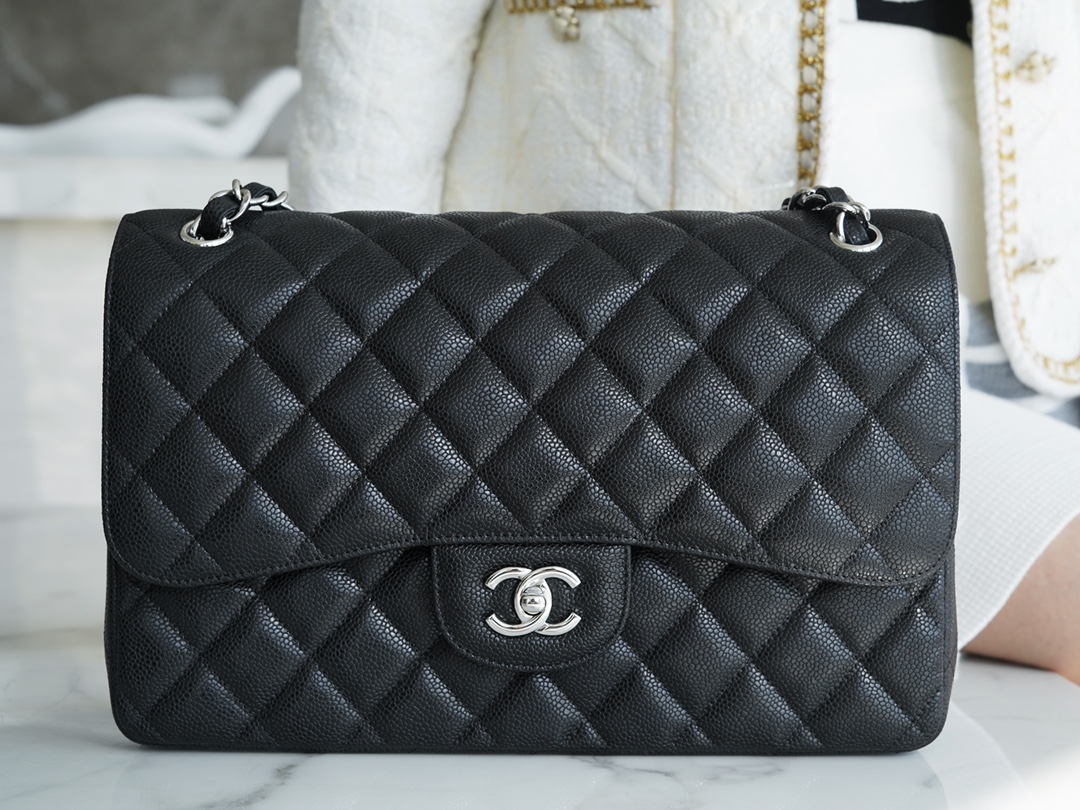 CF Classic Flap Jumbo, Black and Silver, Caviar Calfskin  