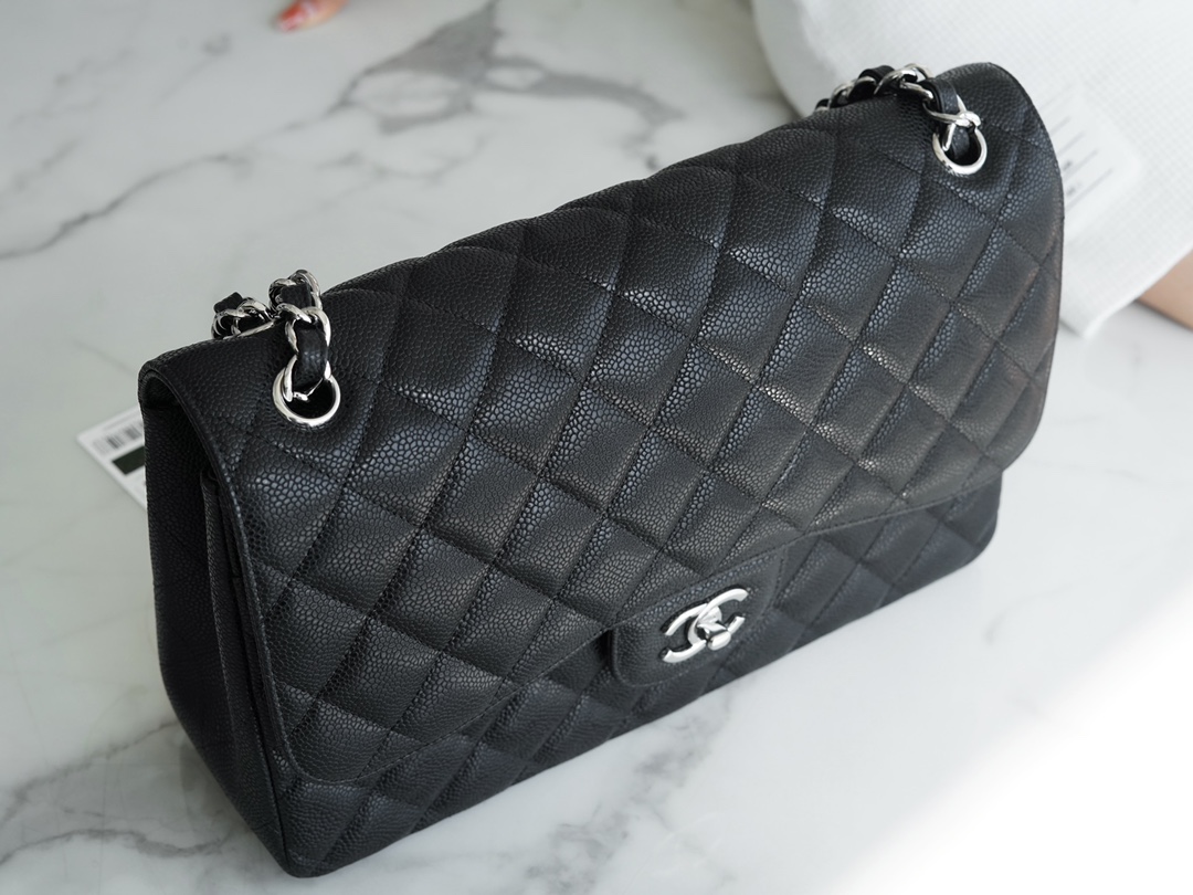 CF Classic Flap Jumbo, Black and Silver, Caviar Calfskin  