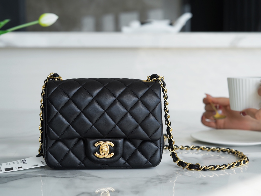 Classic Flap Bag, Black and Gold, Square, Lambskin  