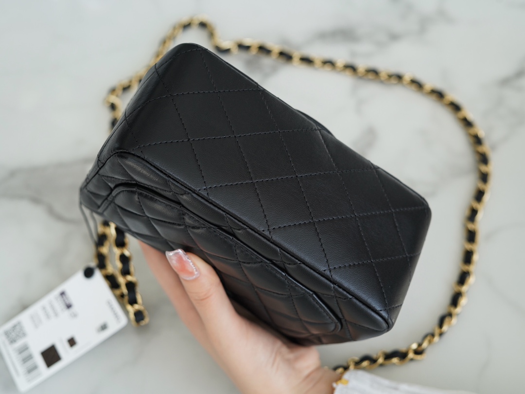 Classic Flap Bag, Black and Gold, Square, Lambskin  