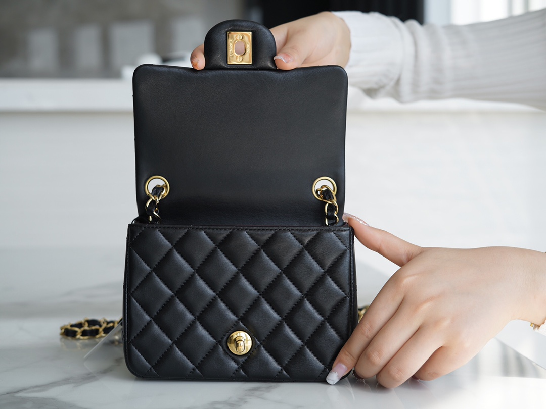 Classic Flap Bag, Black and Gold, Square, Lambskin  