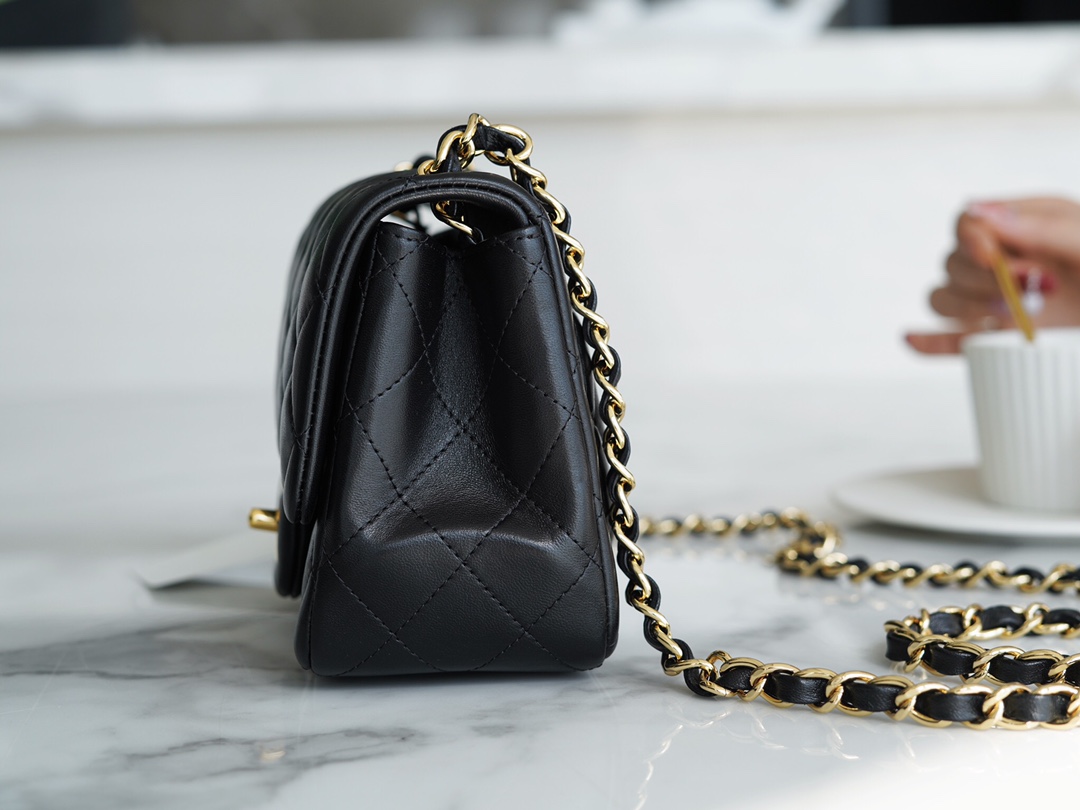 Classic Flap Bag, Black and Gold, Square, Lambskin  