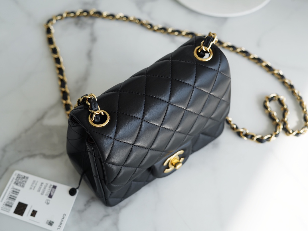 Classic Flap Bag, Black and Gold, Square, Lambskin  