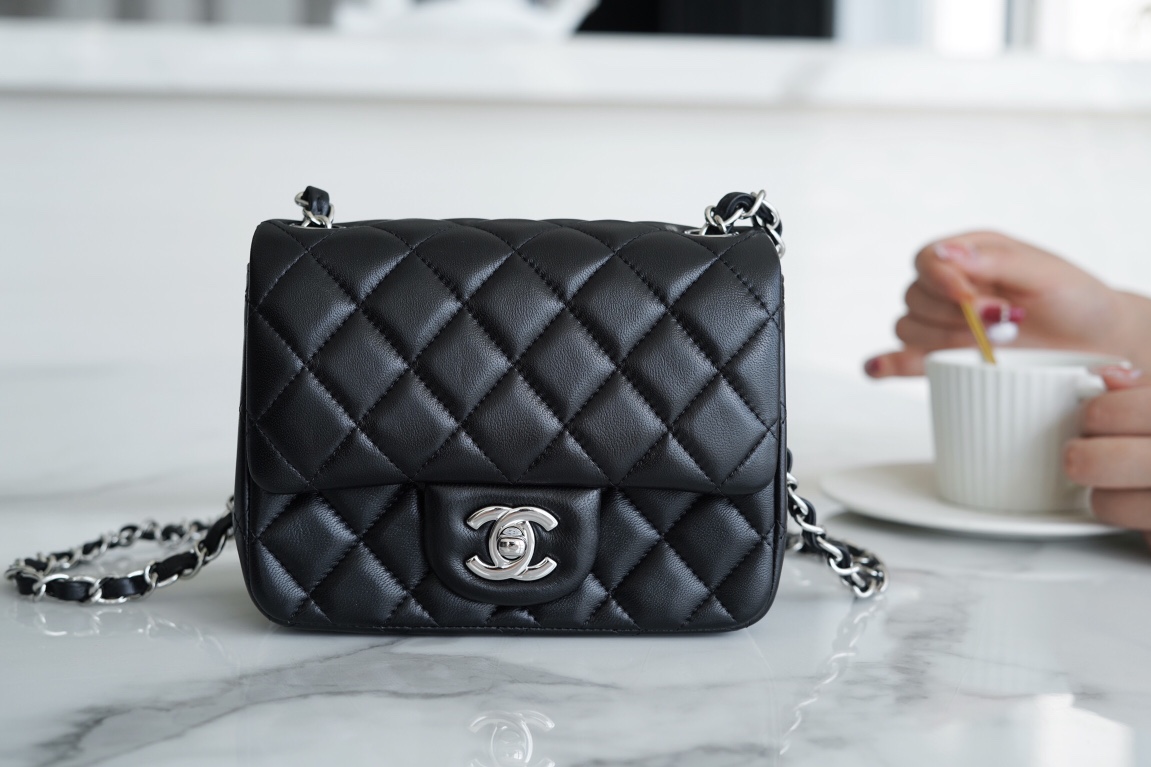 Classic Flap Bag, Black and Silver, Square, Lambskin  