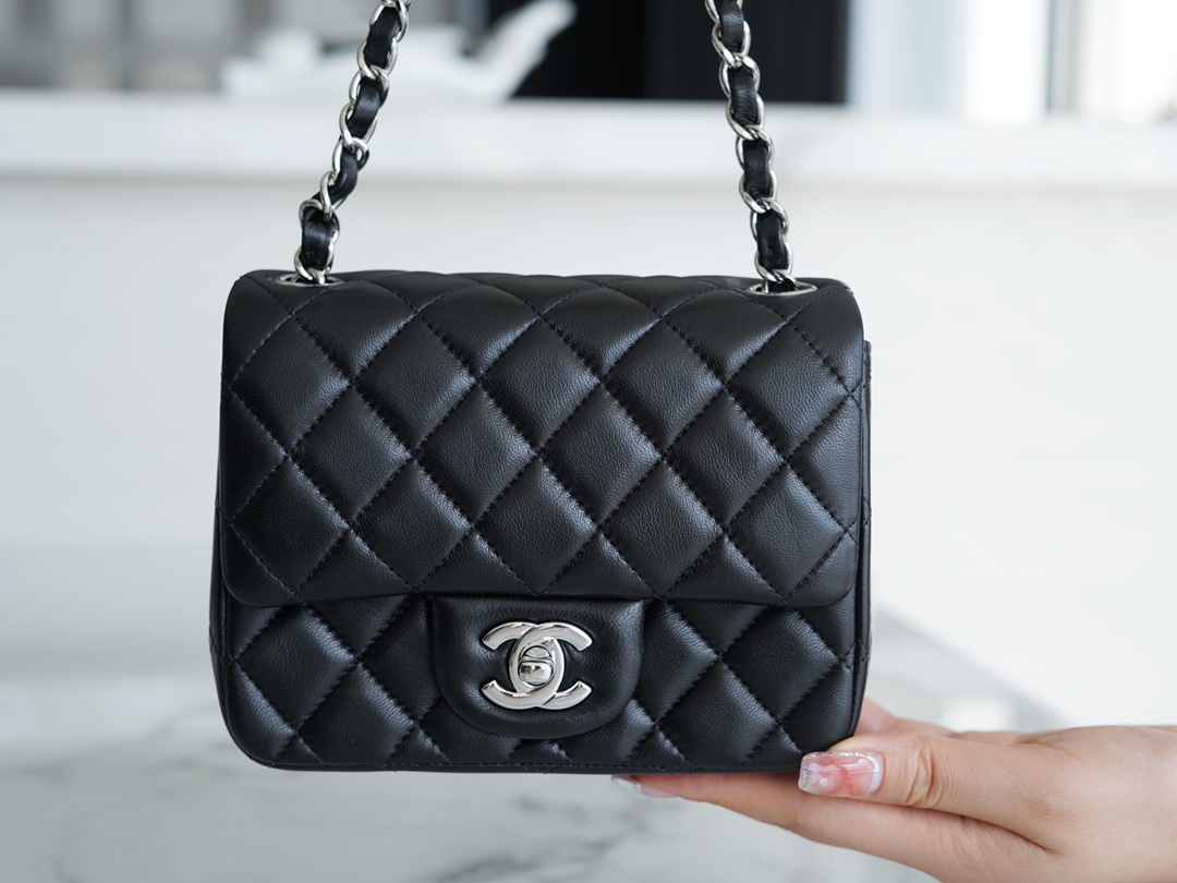 Classic Flap Bag, Black and Silver, Square, Lambskin  