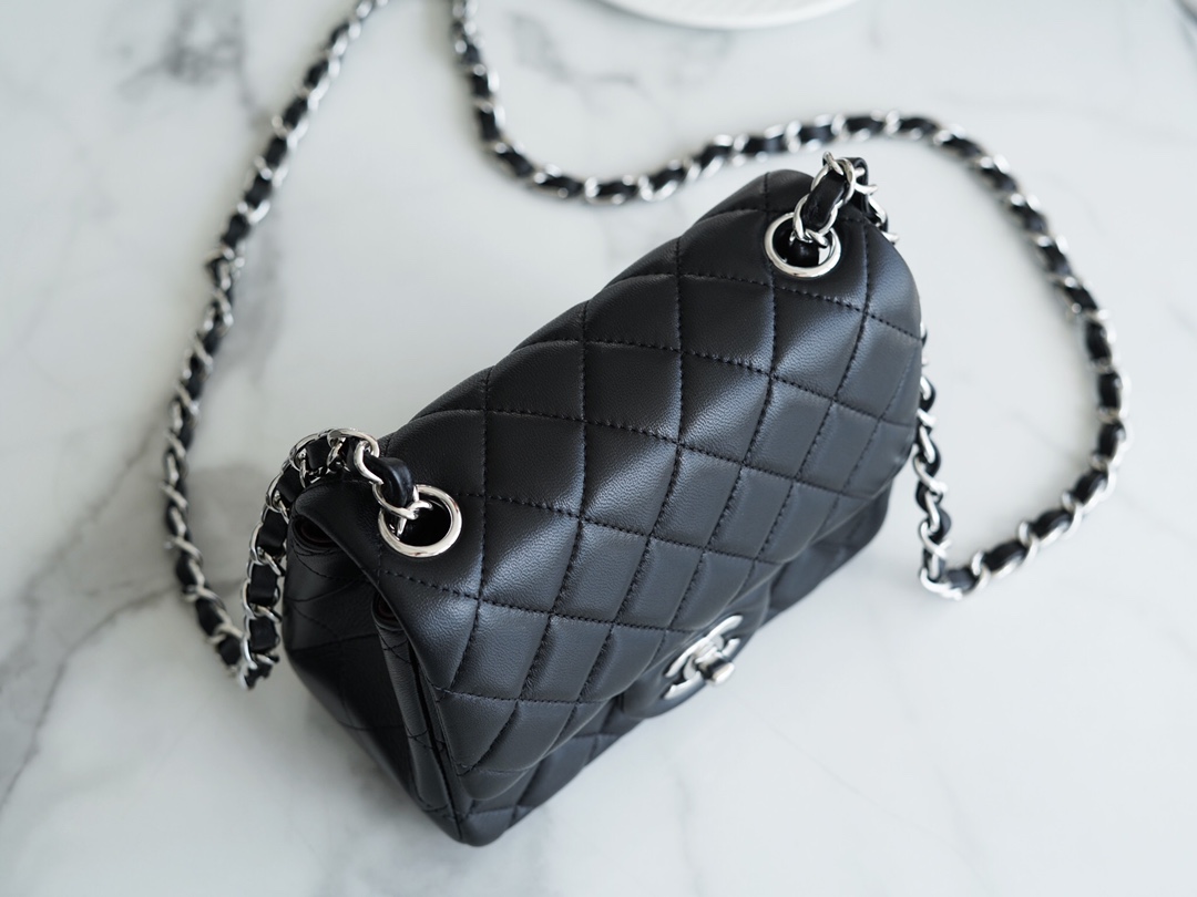 Classic Flap Bag, Black and Silver, Square, Lambskin  