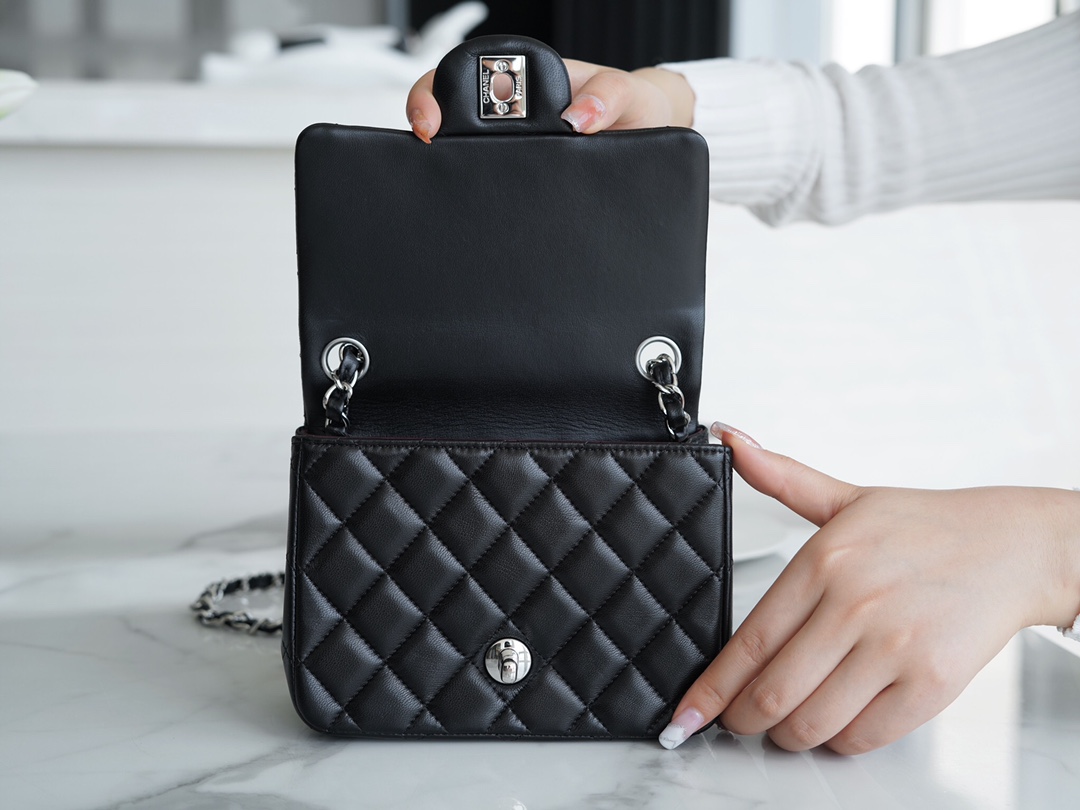 Classic Flap Bag, Black and Silver, Square, Lambskin  