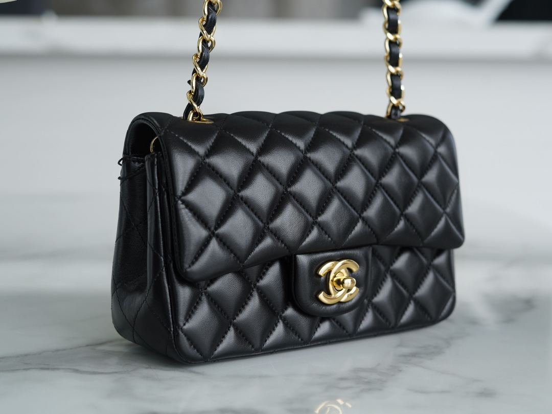 Classic Flap Bag, Black and Gold, Mini, Lambskin  